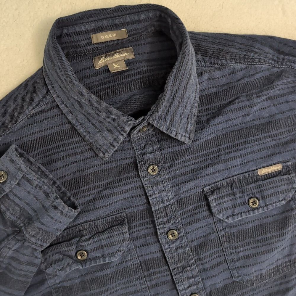 Eddie Bauer Flannel Button Up Mens TL Blue Stripe Boho Long Sleeve Double Pocket